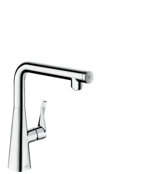 Küchenarmatur in verchromtem Finish mit einem modernen Design. Hansgrohe Mischer mit einem seitlichen Hebel und einem runden Auslauf.